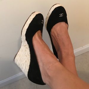 Chanel Black Suede CC Logo Rope Summer Wedge 40